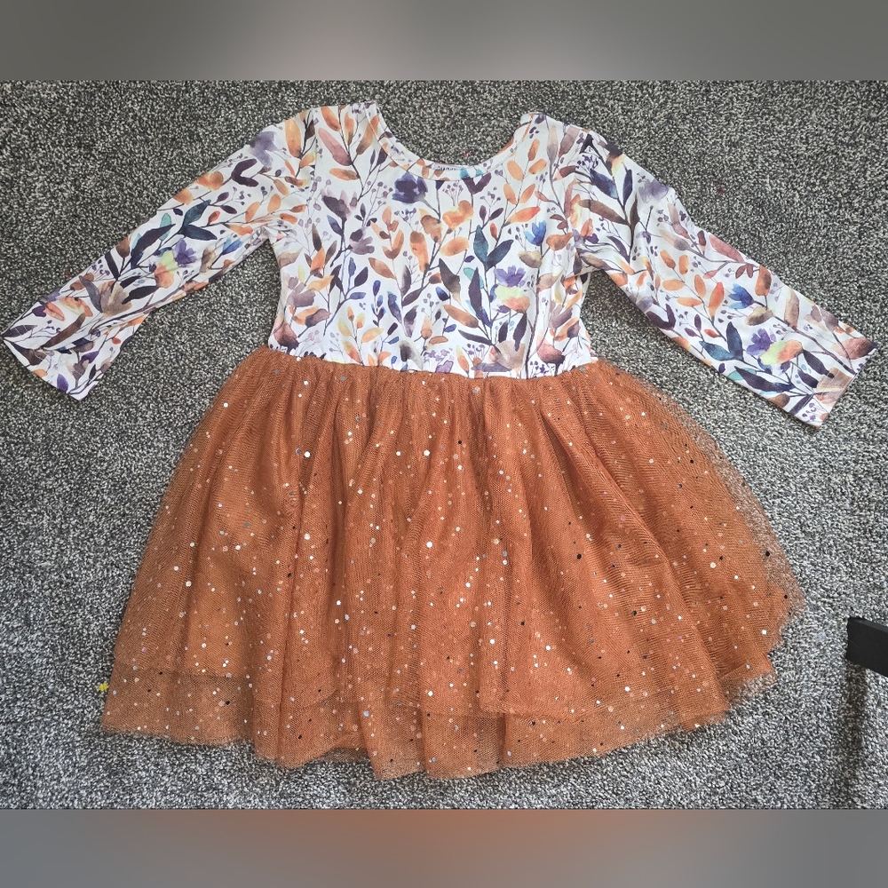 BMG Fall Floral Long Sleeve Dress with Sparkly Tulle Skirt